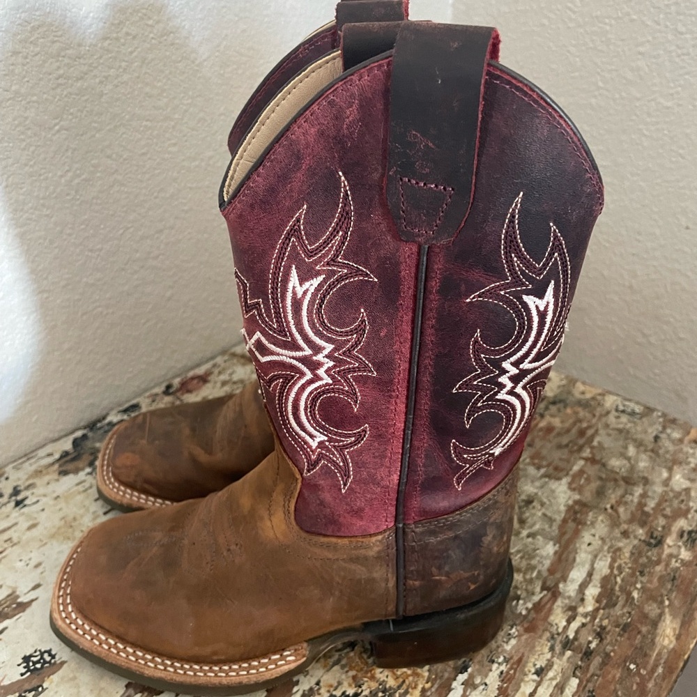 Old West Kid’s Leather Upper Square Toe Burgundy Red Cowboy Boots